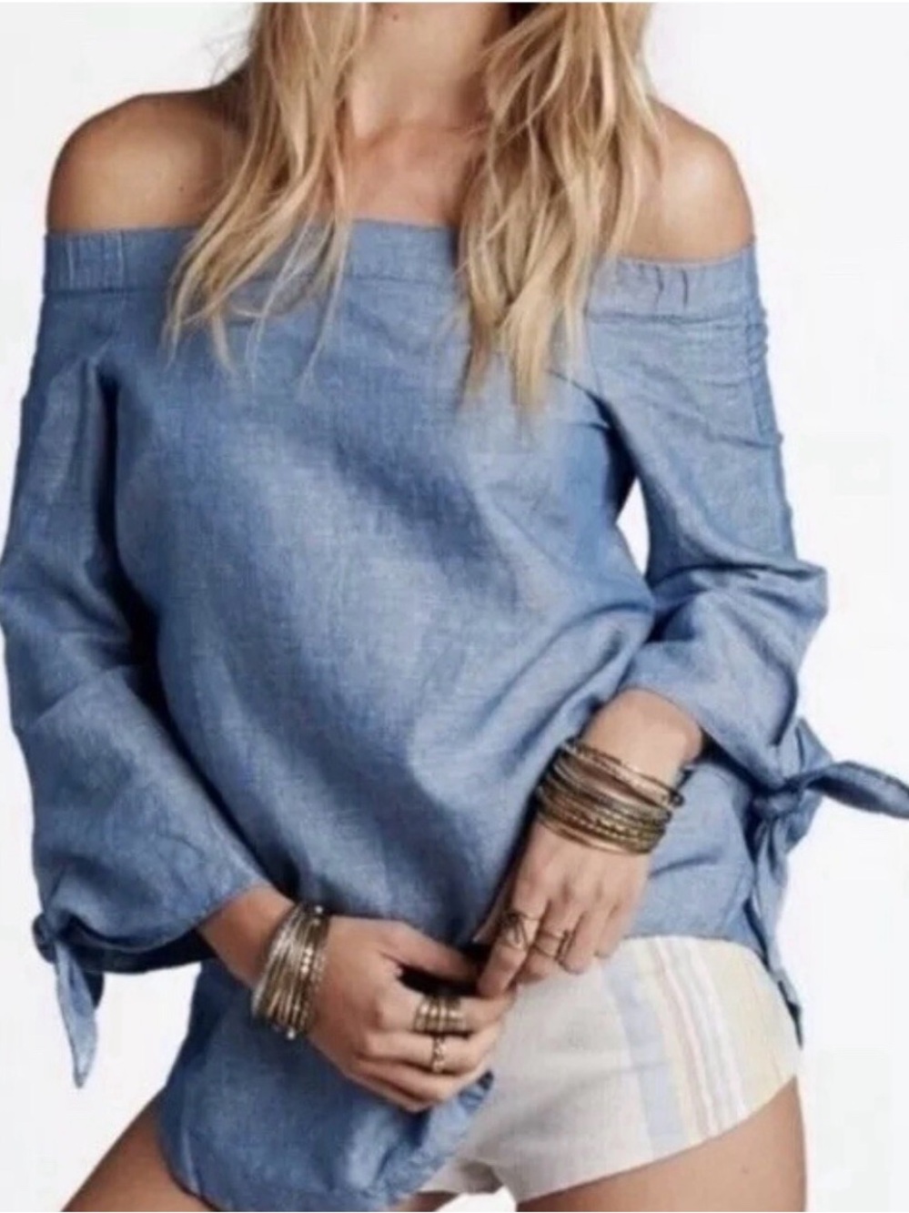 Free People Chambray Off-Shoulder Tie-Sleeve Top - Light Blue